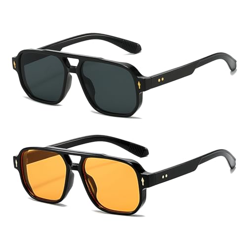 LJCZKA 2 Paar Retro Pilot Sonnenbrille Damen Herren Quadratisch Sonnenbrille 70er Jahre Klassisch Doppelsteg Brille mit UV400 Schutz von LJCZKA