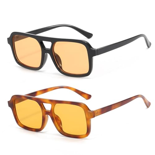 LJCZKA 2 Paar Retro Sonnenbrille Pilotenbrille für Herren Damen,Klassisch 70er Flach Quadratische Doppelsteg Sonnenbrille mit UV400 Schutz von LJCZKA