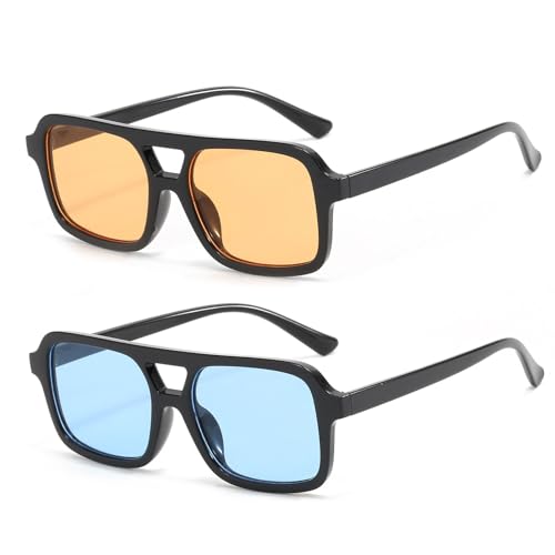 LJCZKA 2 Paar Retro Sonnenbrille Pilotenbrille für Herren Damen,Klassisch 70er Flach Quadratische Doppelsteg Sonnenbrille mit UV400 Schutz von LJCZKA