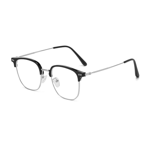 LJCZKA Blaulichtfilter Brille Halb-Randlos Metallrahmen Computerbrille für Herren Damen Quadratische Gaming TV Computerbrille Klare Linse UV 400 Schutz Augenbelastung Reduzieren (Schwarz Silber) von LJCZKA
