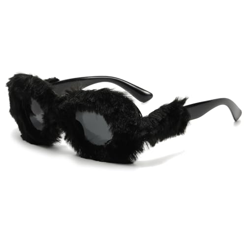 LJCZKA Flauschige Plüsch Sonnenbrille für Damen Neuartige Katzenauge Partybrille Punk Cat Eye Lustige Weicher Pelz Festspiele Abschlussball Brillen (Schwarz Schwarz) von LJCZKA
