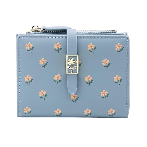 LJCZKA Geldbörse für Frauen – Blume Niedliche Brieftasche Kartenhalter für Mädchen Damen Kleine Bifold Reißverschluss Leder Geldbörse Kurze Geldbörse, Blau, Einheitsgröße von LJCZKA