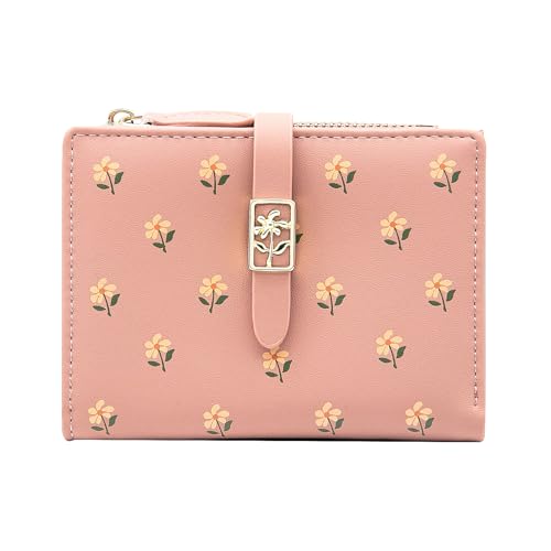 LJCZKA Geldbörse für Frauen – Blume Niedliche Brieftasche Kartenhalter für Mädchen Damen Kleine Bifold Reißverschluss Leder Geldbörse Kurze Geldbörse, Pink, Einheitsgröße von LJCZKA