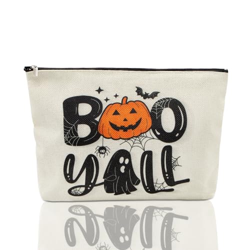 LJCZKA Halloween Makeup Tasche Große Reise Kosmetiktasche mit Kürbis und Geister Design - Toilettentasche für Frauen Mädchen (Weiß) von LJCZKA