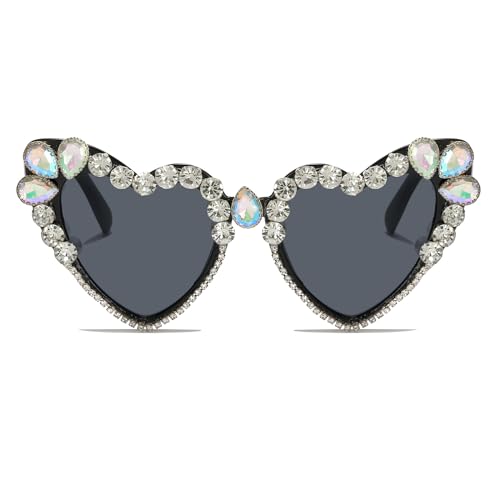 LJCZKA Herz Sonnenbrille mit Strass Damen, Vintage Herz Sonnenbrille mit Strasssteinen Aesthetic Hochzeit Herzbrille Partybrille Frauen UV-Schutz von LJCZKA