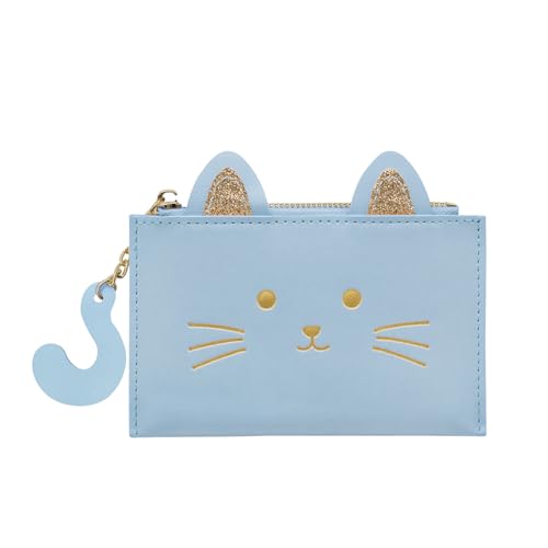 LJCZKA Katze Kreditkartenetui für Damen Kleines Niedlich Portemonnaie Schlank Reißverschluss Kartenetui Wechseln Portmonee Geldbörse mit ID Fenster (Blau) von LJCZKA