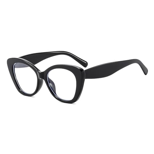 LJCZKA Katzenauge Blaulichtfilter Brille Damen Brille Ohne Stärke Ovale Dicker Rahmen Anti-Müdigkeit Computerbrille für Gaming, Handy und TV (Schwarz) von LJCZKA