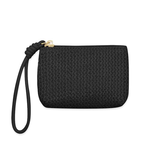 LJCZKA Klein Stroh Portemonnaie Damen, Mini Strohtasche Stroh Geldbörse Sommer Strandtasche Strand Kartenetui Böhmische Reisen Urlaub mit Handschlaufe (Schwarz) von LJCZKA