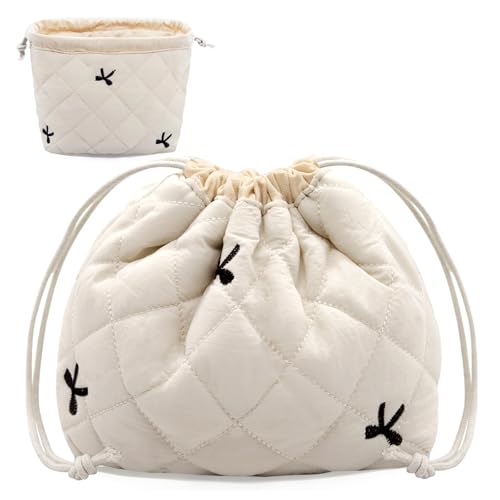 LJCZKA Make-up-Tasche mit Kordelzug,Kleine Gesteppte Kosmetiktasche,Niedlicher Organizer,Kulturtasche Aus Baumwolle,Ästhetische Tragbares Reise-Kulturbeutel für Damen und Mädchen (Schwarze Fliege) von LJCZKA