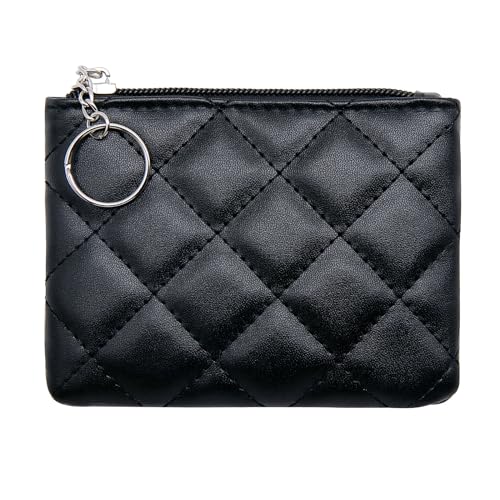 LJCZKA Münzgeldbörse für Damen, gestepptes Leder, Mini-Tasche, Kartenhalter, Reißverschluss, Münzgeldbörse, Make-up-Tasche mit Schlüsselanhänger, Schwarz, Einheitsgröße, Münzgeldbörse von LJCZKA