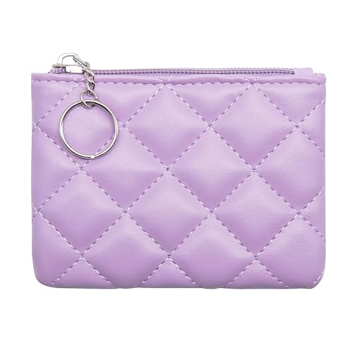 LJCZKA Münzgeldbörse für Damen, gestepptes Leder, Mini-Tasche, Kartenhalter, Reißverschluss, Münzgeldbörse, Make-up-Tasche mit Schlüsselanhänger, Violett, Einheitsgröße, Münzgeldbörse von LJCZKA