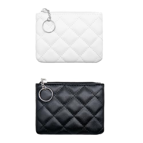 LJCZKA Münzgeldbörse für Damen, gestepptes Leder, Mini-Tasche, Kartenhalter, Reißverschluss, Münzgeldbörse, Make-up-Tasche mit Schlüsselanhänger, Weiß + Schwarz, Einheitsgröße, Münzgeldbörse von LJCZKA