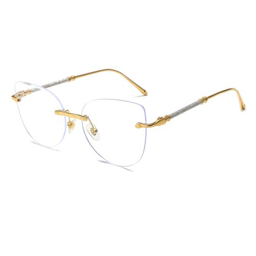 LJCZKA Randlos Brille Blaulichtfilter Damen Katzenauge, Rahmenlose Blaufilter Brille Damen Ohne Sehstärke Augenbelastung Entspiegelte von LJCZKA