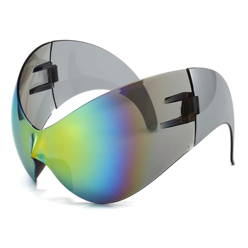 LJCZKA Randlose y2k Sonnenbrille für Damen und Herren, Futuristische Wrap Around Sonnenbrille Groß Sport Brille mit Schild UV-Schutz von LJCZKA