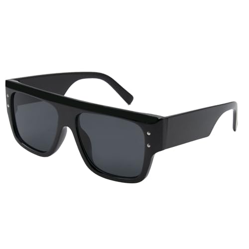 LJCZKA Retro Eckig Sonnenbrille Damen Herren Vintage Flat Top Rechteck Sonnenbrille 90er Jahre Mode Quadratisch Dicker Rahmen Brille UV400 Schutz (Schwarz) von LJCZKA