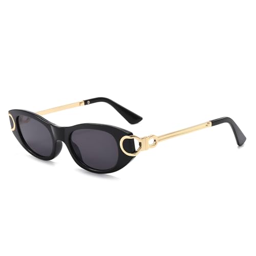 LJCZKA Retro Ovale Sonnenbrille Damen - Vintage 90er Kleine Katze Auge Sonnenbrille Trendy Metall Rahmen Luxus Katzenauge Sonnenbrille UV400 Schutz (Schwarz Schwarz) von LJCZKA