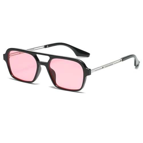 LJCZKA Sonnenbrille Damen Herren Pilotenbrille Retro Sonnenbrille mit Doppelter Brückenausführung 70er Jahre Klassisch flach quadratisch Quadratisch Metallrahmen von LJCZKA