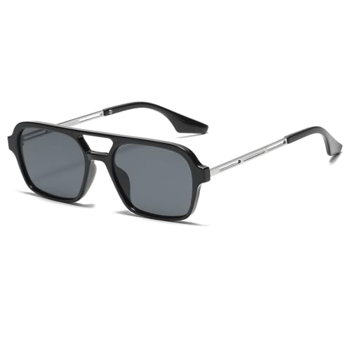 LJCZKA Sonnenbrille Damen Herren Pilotenbrille Retro Sonnenbrille mit Doppelter Brückenausführung 70er Jahre Klassisch flach quadratisch Quadratisch Metallrahmen von LJCZKA