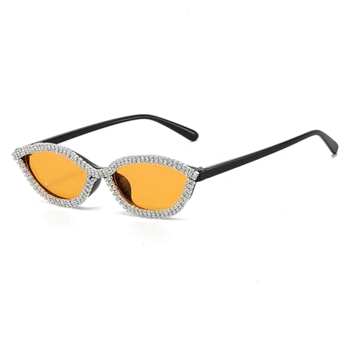 LJCZKA Strass Katzenauge Ovale Sonnenbrille für Damen Retro Klein Diamant Sonnenbrille Luxus Bling Rahmen Punk Party Brille mit UV Schutz (Schwarz Orange) von LJCZKA