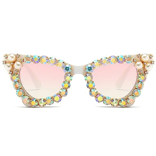 LJCZKA Strass Katzenauge Sonnenbrille für Damen Retro Diamant Perle Cateye Schirme Bling Punk Party Luxus Brille mit UV Schutz (Weiß Gradient Rosa) von LJCZKA