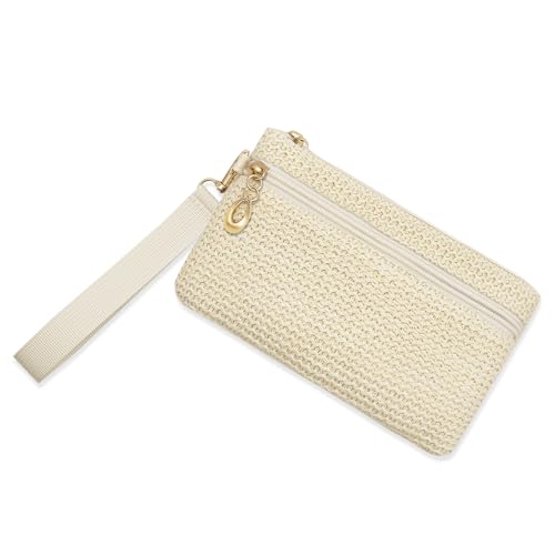 LJCZKA Stroh Portemonnaie Damen Strohtasche Stroh Geldbörse Handtasche Sommer Strandtasche Strand Clutch Böhmische Reisen Urlaub mit Handschlaufe (Beige) von LJCZKA