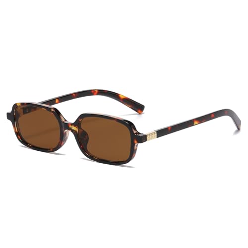 LJCZKA Vintage Rechteckige Sonnenbrille Für Damen Herren 90s Kleine Quadratischer Sonnenbrille Retro Eckig Rahmen Mode Brille mit UV400 Schutz (Leopard Braun) von LJCZKA