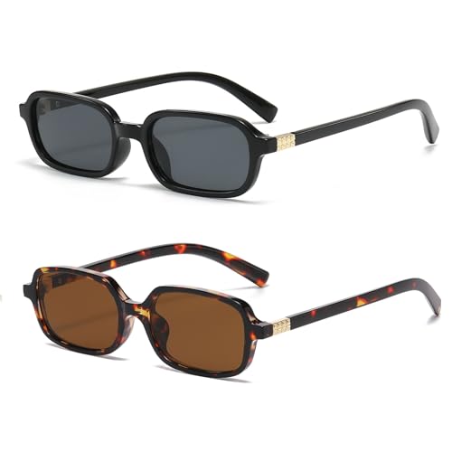 LJCZKA Vintage Rechteckige Sonnenbrille Für Damen Herren 90s Kleine Quadratischer Sonnenbrille Retro Eckig Rahmen Mode Brille mit UV400 Schutz (Schwarz Grau+Leopard Braun) von LJCZKA
