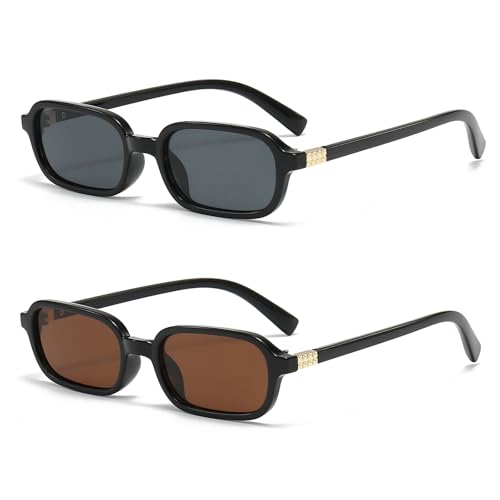LJCZKA Vintage Rechteckige Sonnenbrille Für Damen Herren 90s Kleine Quadratischer Sonnenbrille Retro Eckig Rahmen Mode Brille mit UV400 Schutz (Schwarz Grau+Schwarz Braun) von LJCZKA