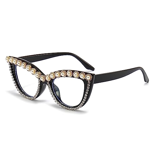 LJCZKA Vintage Blaulichtfilter Brille Katzenaugen Perlen Damen, Retro Brille Ohne Stärke Damen Kleine Brille Perlen mit UV-Schutz von LJCZKA