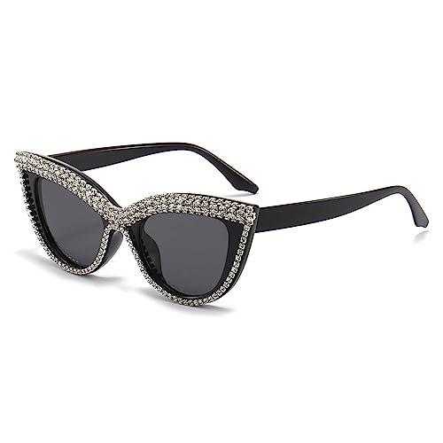 LJCZKA Vintage Katzenauge Sonnenbrille Damen Diamant, Retro Katzenaugen Sonnenbrille mit Strasssteinen Kleine Brille Strass Frauen mit UV-Schutz von LJCZKA