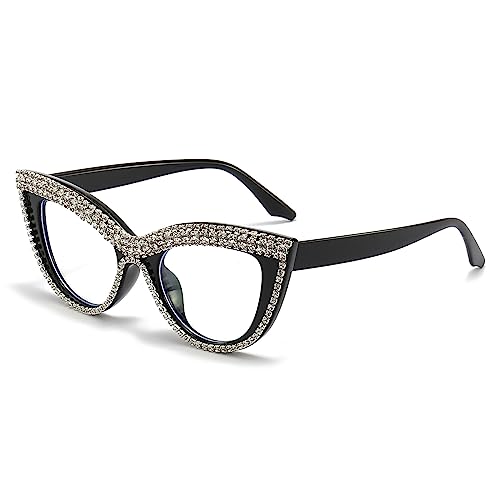 LJCZKA Vintage Blaulichtfilter Brille Katzenaugen mit Strasssteinen Damen, Retro Brille Ohne Stärke Damen Strass Brille mit UV-Schutz von LJCZKA