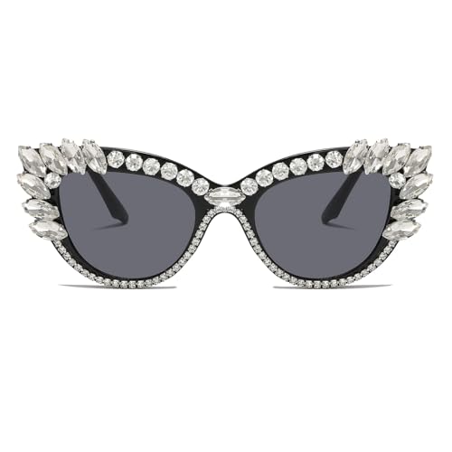 LJCZKA Vintage Katzenauge Sonnenbrille Damen mit Strasssteinen, Retro Katzenaugen Sonnenbrille Diamant Kleine Brille Strass Frauen mit UV-Schutz von LJCZKA