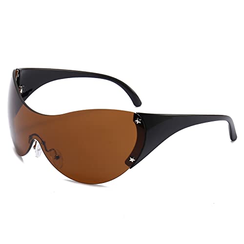 LJCZKA y2k Wraparound Sonnenbrille Damen Herren, Große Sonnenbrille Randlos Oval y2k Brille Stern Futuristische Sport Brille mit UV-Schutz von LJCZKA