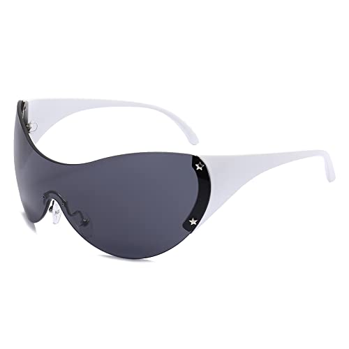 LJCZKA y2k Wraparound Sonnenbrille Damen Herren, Große Sonnenbrille Randlos Oval y2k Brille Stern Futuristische Sport Brille mit UV-Schutz von LJCZKA