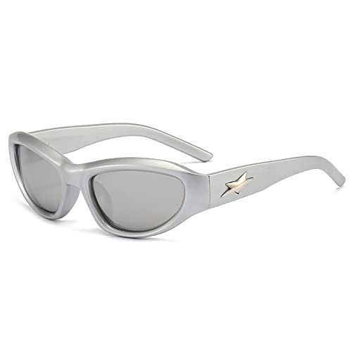 LJCZKA y2k Wraparound Sonnenbrille für Damen Herren, Futuristische Sonnenbrille Schnelle Brille Stern Sportsonnenbrille Fahrradbrille Radbrille mit UV-Schutz von LJCZKA