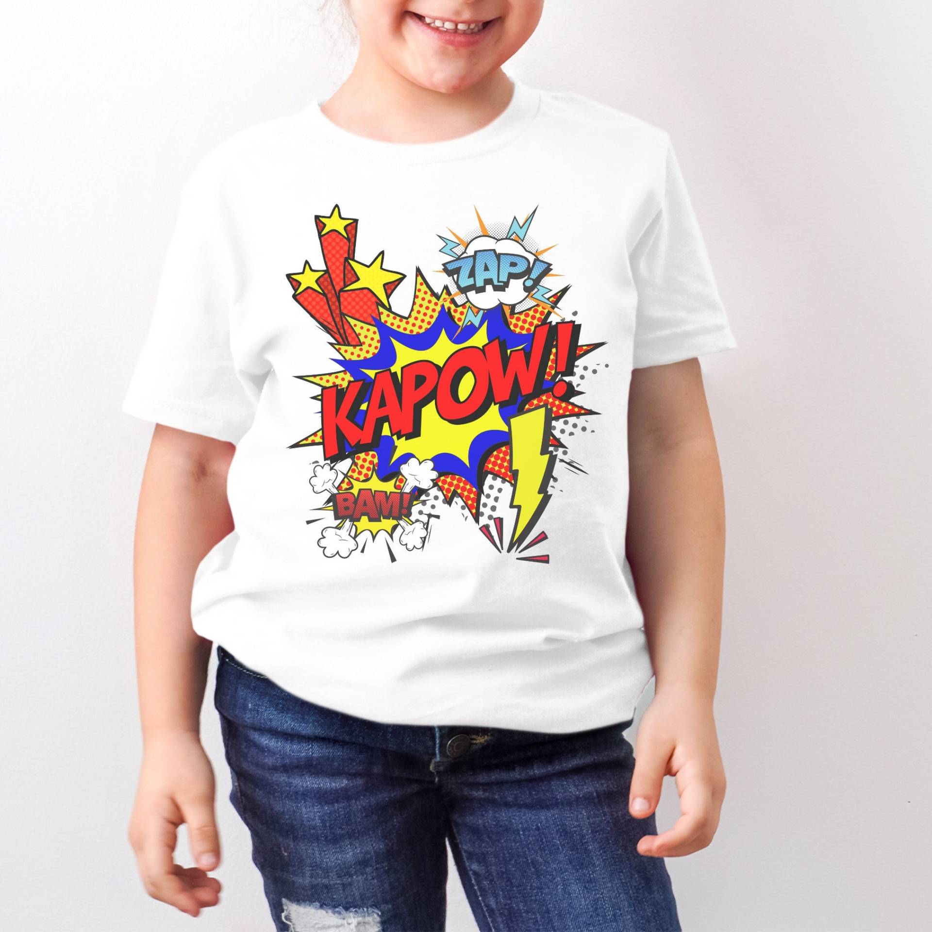 Kinder Comic T-Shirt Kapow Zap Bam Superhelden Classic Retro Design von LJCustomTeesDesign