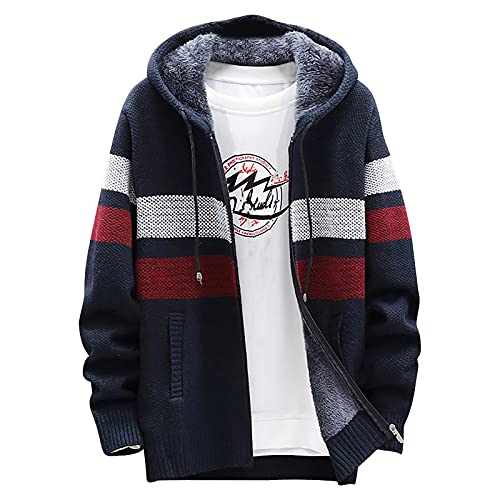 Strickpulli Herrenen Festlich mit Kapuze Elegant Strickpulli Lange Ärmel Weites Zip Sof Mantel Männer Park Strick Hooded Farbblock Marine9 von LJEiN