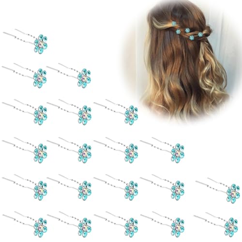 20 Stück Kristall Blume Strass Haarspangen U-Form Pflaume Blüte Pin Hochzeit Damen Haar Zubehör Haarspangen (See Blau) von LJFEA