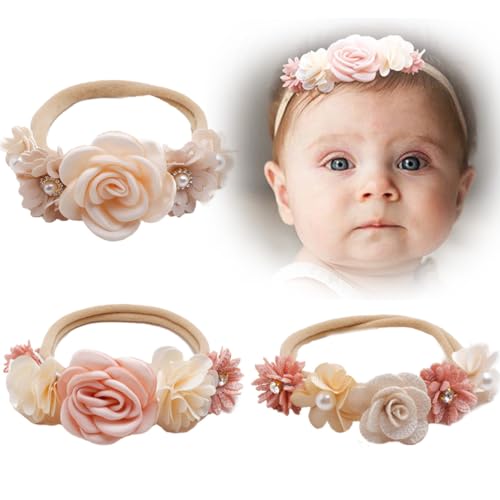 LJFEA 3 StückBaby Mädchen Nylon Stirnbänder Blume elastisches Haarband Schleifen Haarschmuck für Neugeborene Kleinkinder von LJFEA