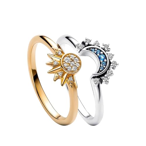 Ring Gold Silber Set, Ringe Frauen Silber 925, Himmlische Sonne Ring Gold und Mond Ring Silber Matching Rings, Sun and Moon Ring Set Damenring Dupes Schmuck Geschenk für Frauen Muttertag（Größe 7） von LJFEA