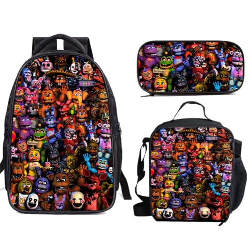 FNAF Rucksack, 3-teiliges Set, Fünf-Nacht-Spiel-3D-Druck, Rucksack & Lunchtasche & Federmäppchen, Sicherheitsverletzung, Schultaschen-Set, leicht, lässig, Schultasche für Studenten, Teenager, Jungen, von LJFIWY