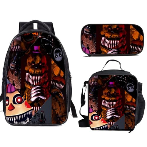 FNAF Rucksack, 3-teiliges Set, Fünf-Nacht-Spiel-3D-Druck, Rucksack & Lunchtasche & Federmäppchen, Sicherheitsverletzung, Schultaschen-Set, leicht, lässig, Schultasche für Studenten, Teenager, Jungen, von LJFIWY