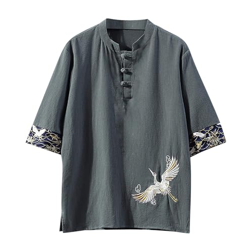 Herren T-Shirts Sommer Shirts Traditioneller Chinesischer Stil Hemd Kung Fu Tai Chi Trainingskleidung Bestickt Kurzarm Tops für Männer Traditionelle Chinesische Tangzhuang, blau, 5XL von LJFIWY