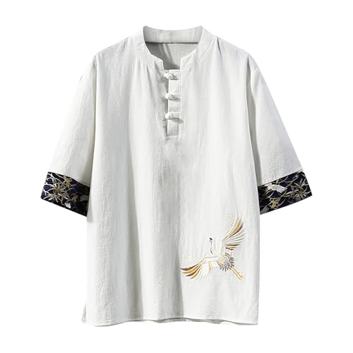 Herren T-Shirts Sommer Shirts Traditioneller Chinesischer Stil Hemd Kung Fu Tai Chi Trainingskleidung Bestickt Kurzarm Tops für Männer Traditionelle Chinesische Tangzhuang, weiß, 5XL von LJFIWY