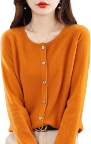 LJFIWY Damen Kaschmir Cardigan Sweater 2024 Kaschmir Knopfleiste Langarm Strickjacke Weich Warm Strick Stretch Sweater, kürbis, L von LJFIWY