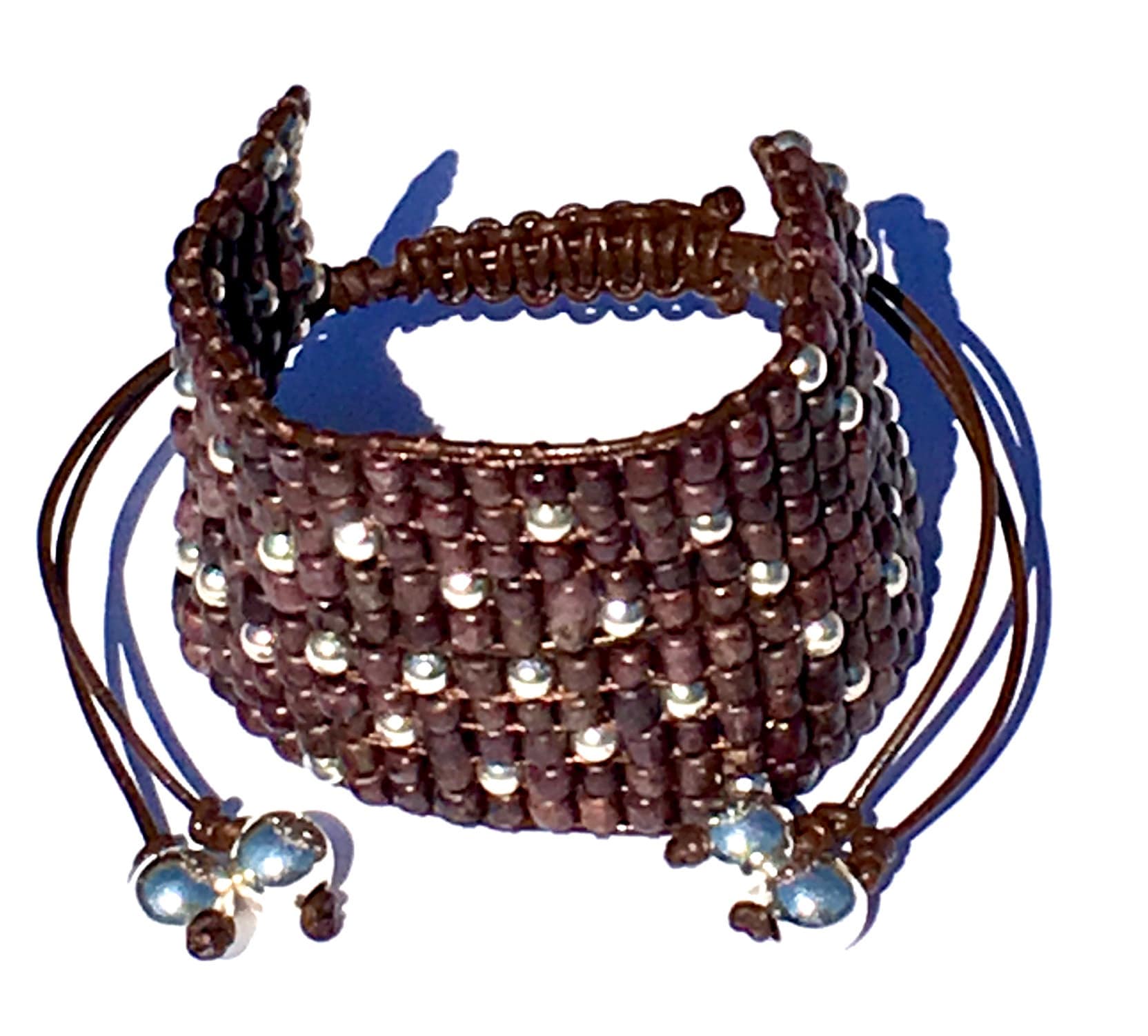 Armband Leder Getrimmt Manschette Verstellbare Länge Braun/Silber von LJNDesignsInc