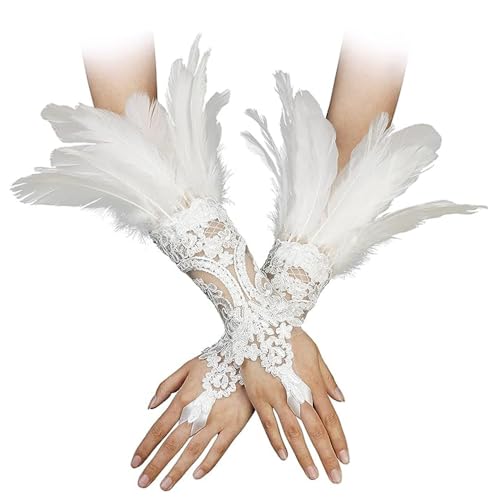 LJRPUPY Gothic Fingerlose Feder Handschuhe für Frauen Halloween Kostüm Lange Spitze Handschuhe Handgelenk Manschetten Ärmel, Weiß, EinheitsgröÃŸe von LJRPUPY