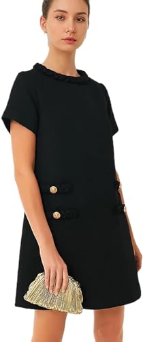LJYAUTO Damen 60er Jahre Mod Kleid 2024 Tweed Elegant Formell Rundhals Minikleid Vintage Knopf Kurzarm A-Linie Kleider, Schwarz , XXL LJYAUTO Damen 60er Jahre Mod Kleid 2024 Tweed Elegant Formell Rundhals Minikleid Vintage Knopf Kurzarm A-Linie Kleider, Schwarz , XXL von LJYAUTO