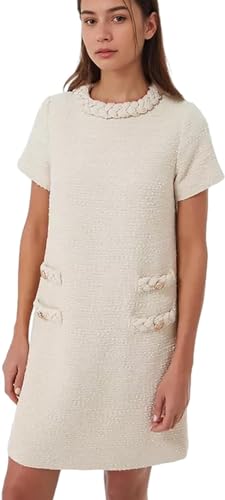 LJYAUTO Damen 60er Jahre Mod Kleid 2024 Tweed Elegant Formell Rundhals Minikleid Vintage Knopf Kurzarm A-Linie Kleider, beige, X-Small von LJYAUTO