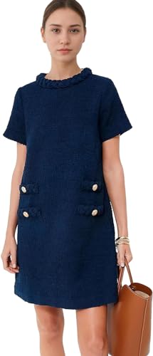 LJYAUTO Damen 60er Jahre Mod Kleid 2024 Tweed Elegant Formell Rundhals Minikleid Vintage Knopf Kurzarm A-Linie Kleider, dunkelblau, XX-Large von LJYAUTO
